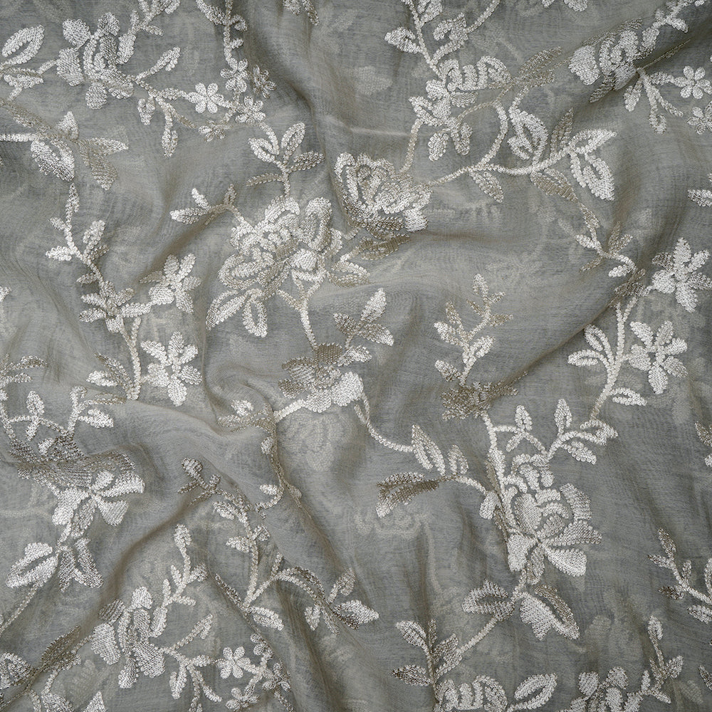 Grey Floral Pattern Embroidered Fine Chanderi Fabric