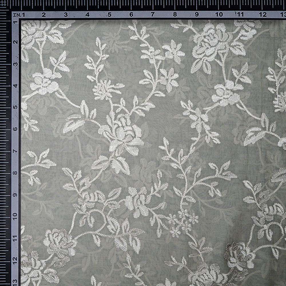 Grey Floral Pattern Embroidered Fine Chanderi Fabric