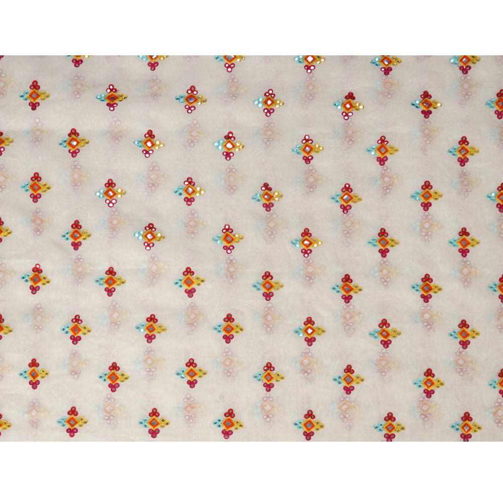 White Color Mirror Work Embroidered Chanderi Fabric