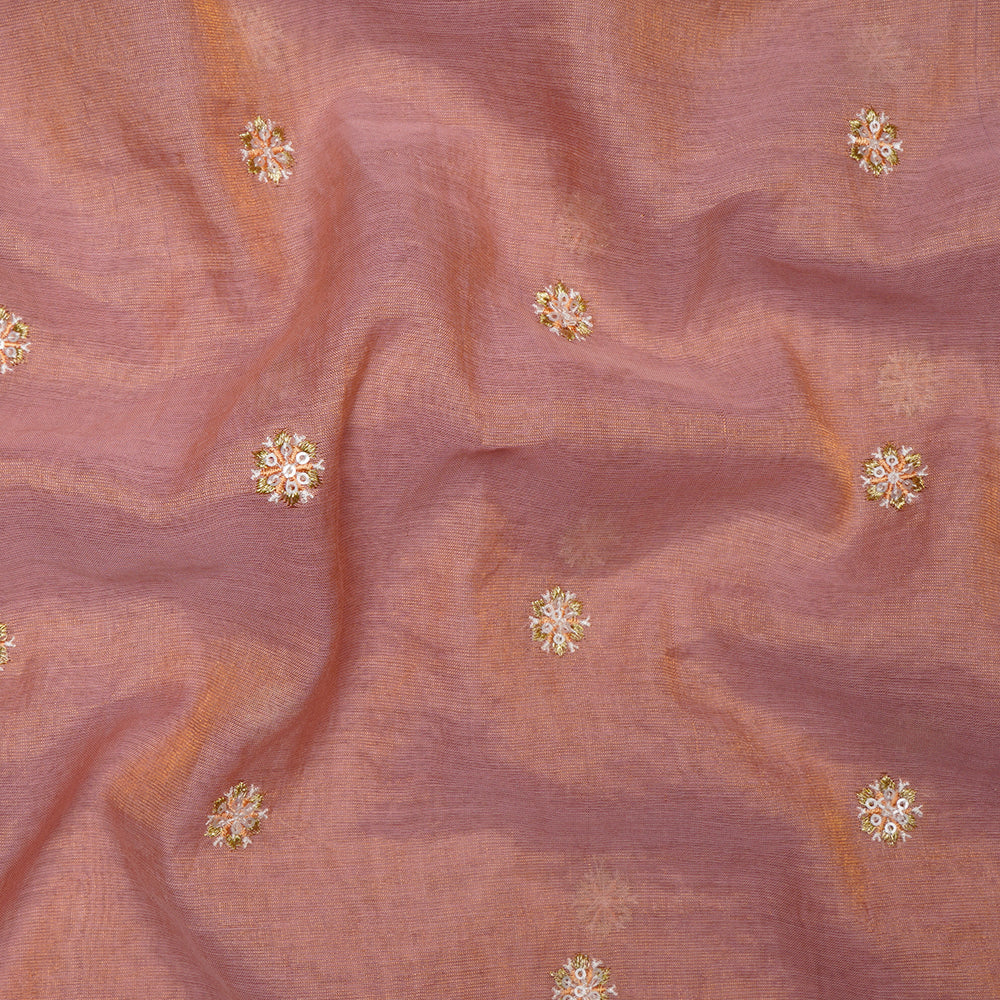 Peach Embroidered Pure Tissue Chanderi Fabric