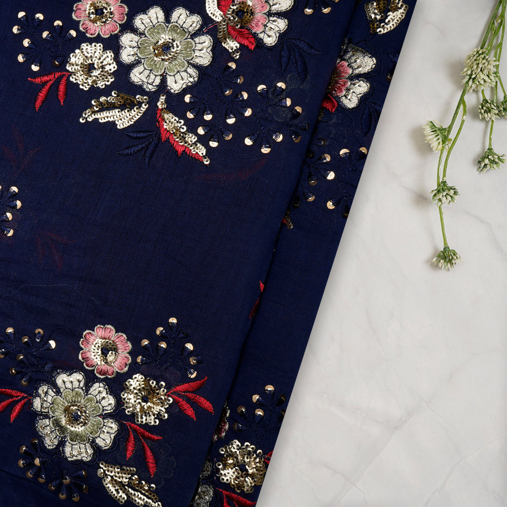 Navy Color Sequins Embroidered Handcrafted Chanderi Fabric