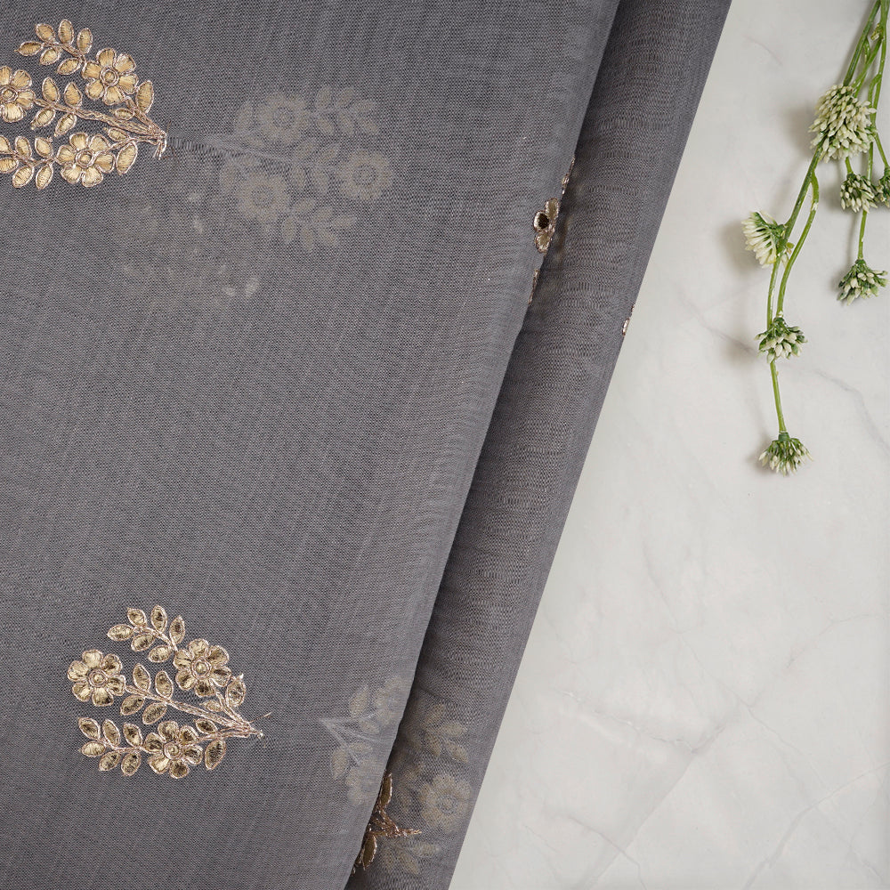 Grey Color Embroidered Pure Fine Chanderi Fabric
