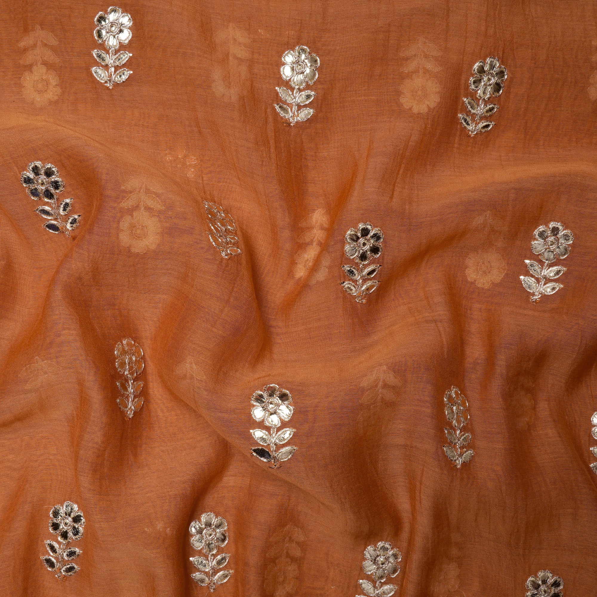 Orange Floral Boota Embroidered Fine Chanderi Fabric