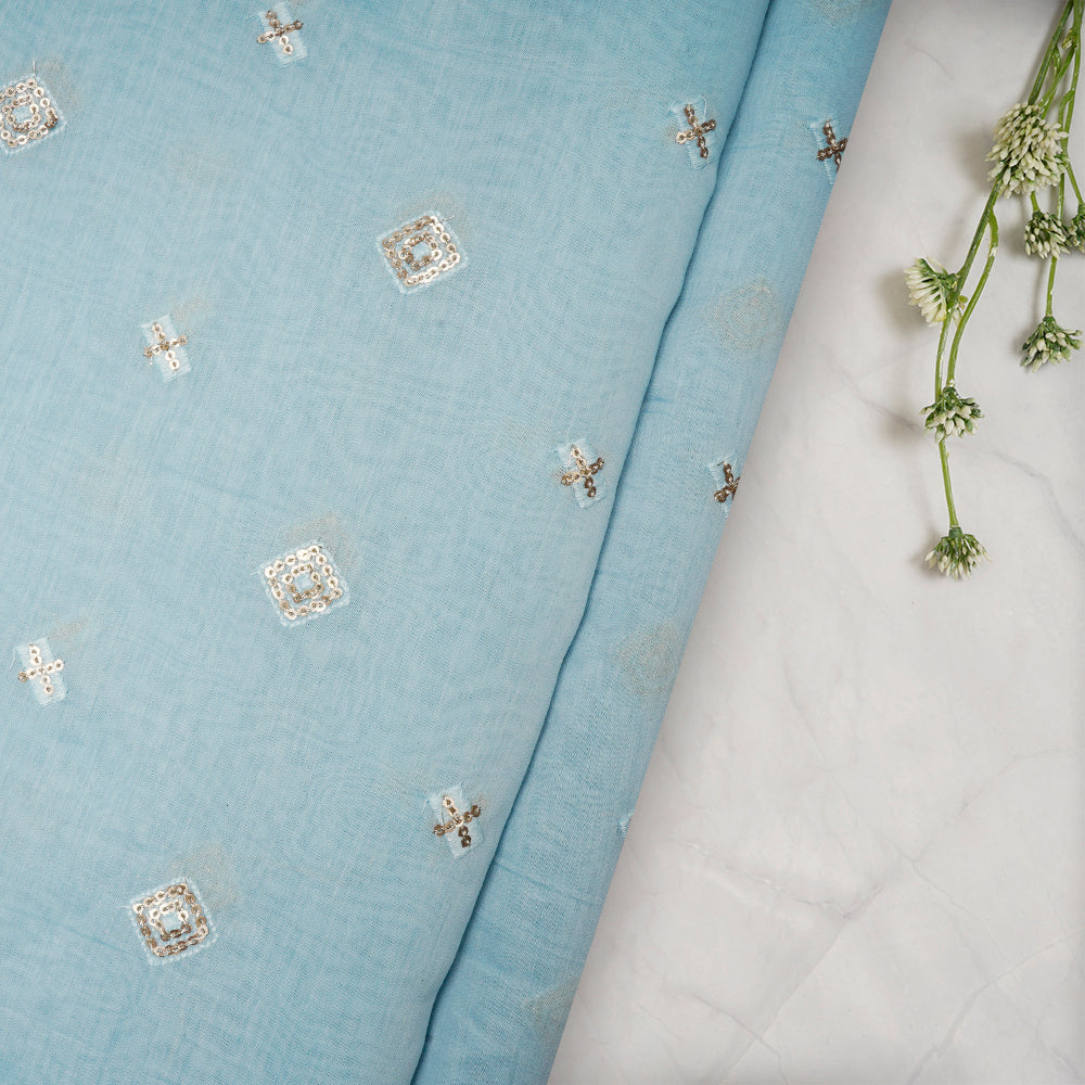 Light Blue Color Embroidered Pure Chanderi Fabric