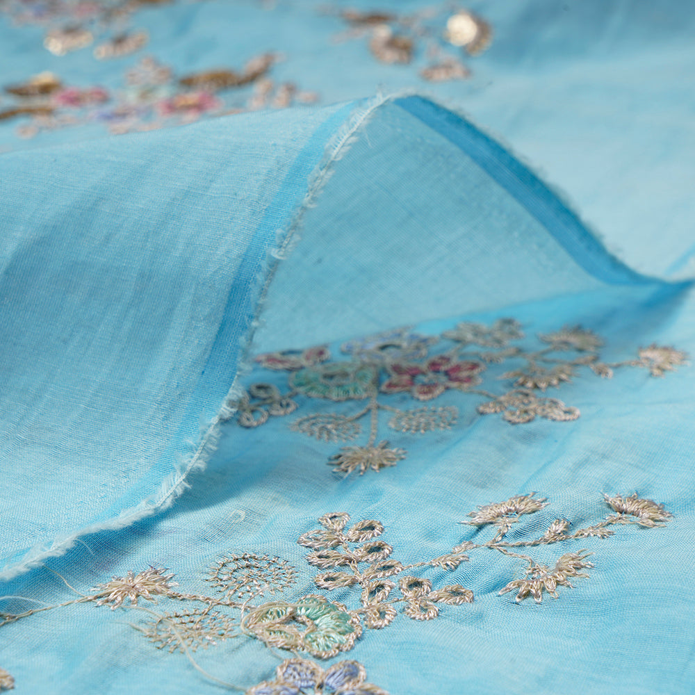 Blue Color Embroidered Pure Chanderi Fabric With Sequins Work