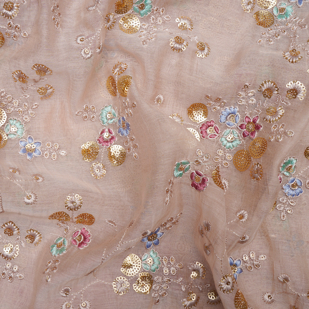 Peach Color Embroidered Pure Chanderi Fabric With Sequins Work