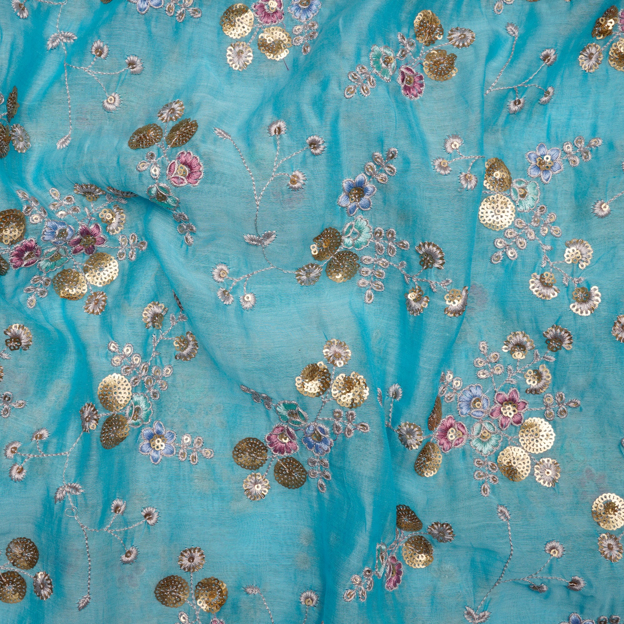 Tropical Breeze Thread Sequin All Over Embroidered Chanderi Fabric