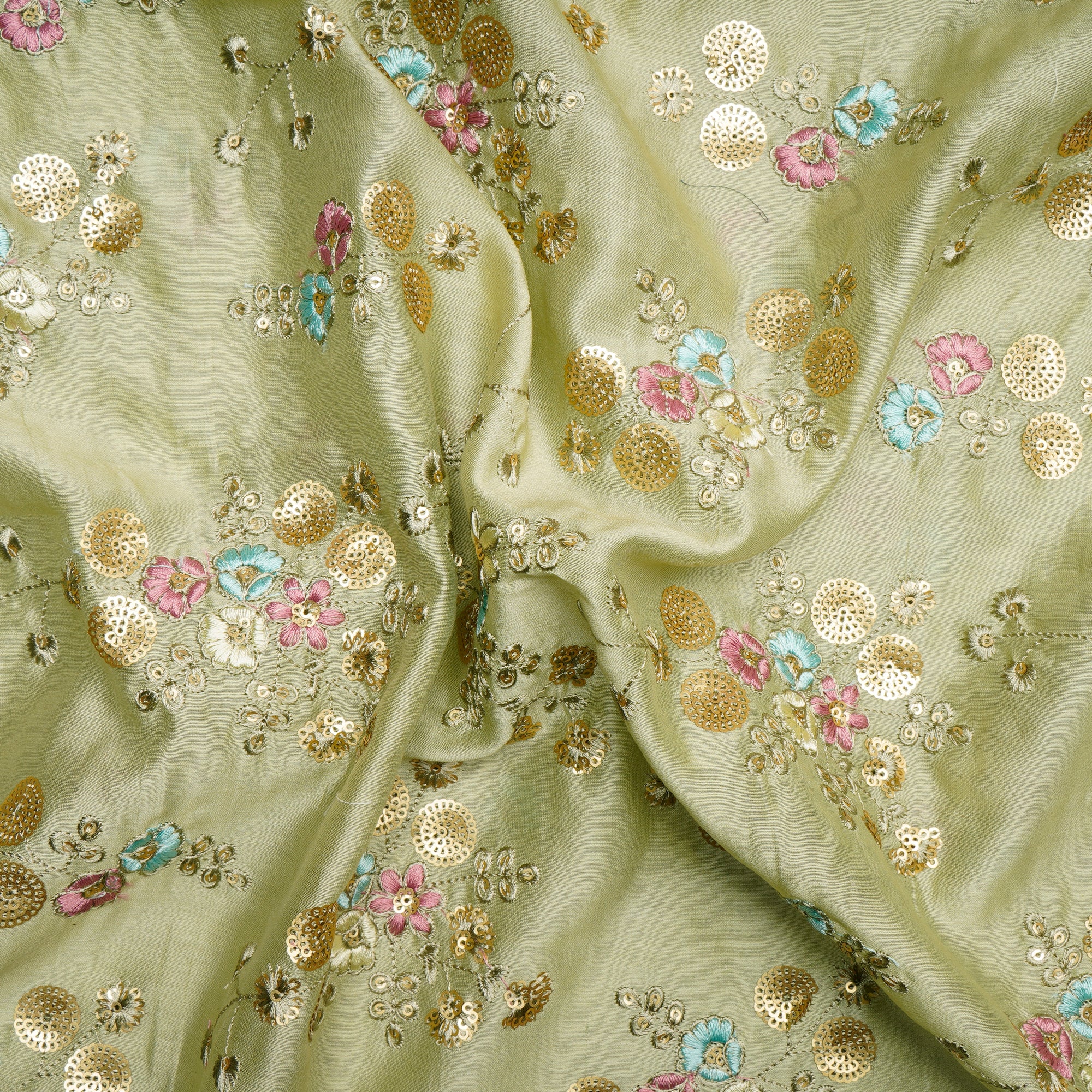 Sage Green Flower Patteen Thread Sequin Embroidered Chanderi Fabric