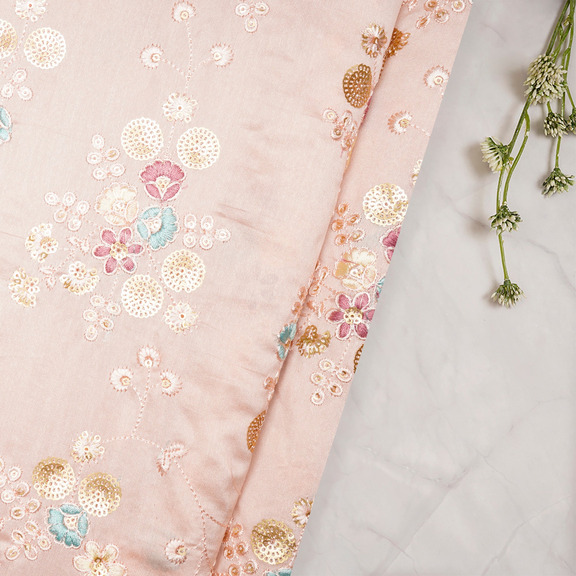 Powder Peach Flower Patteen Thread Sequin Embroidered Chanderi Fabric