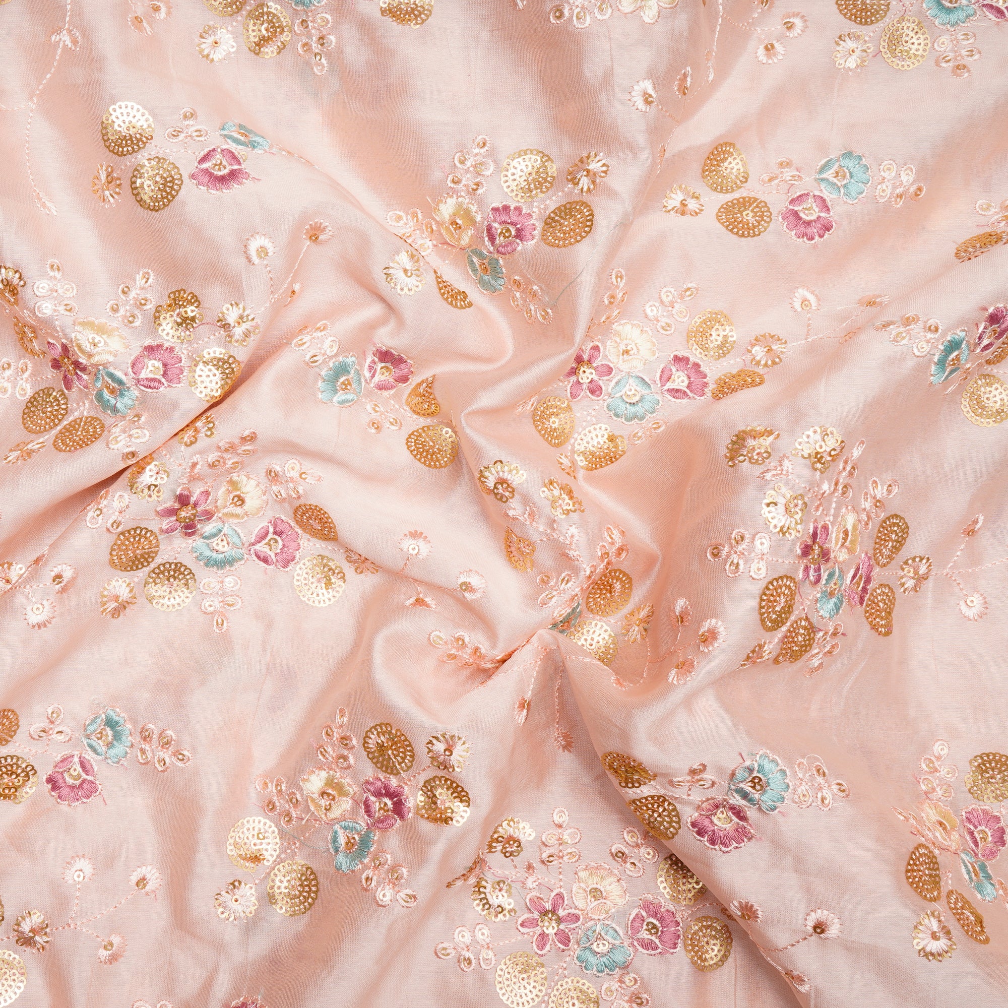 Powder Peach Flower Patteen Thread Sequin Embroidered Chanderi Fabric