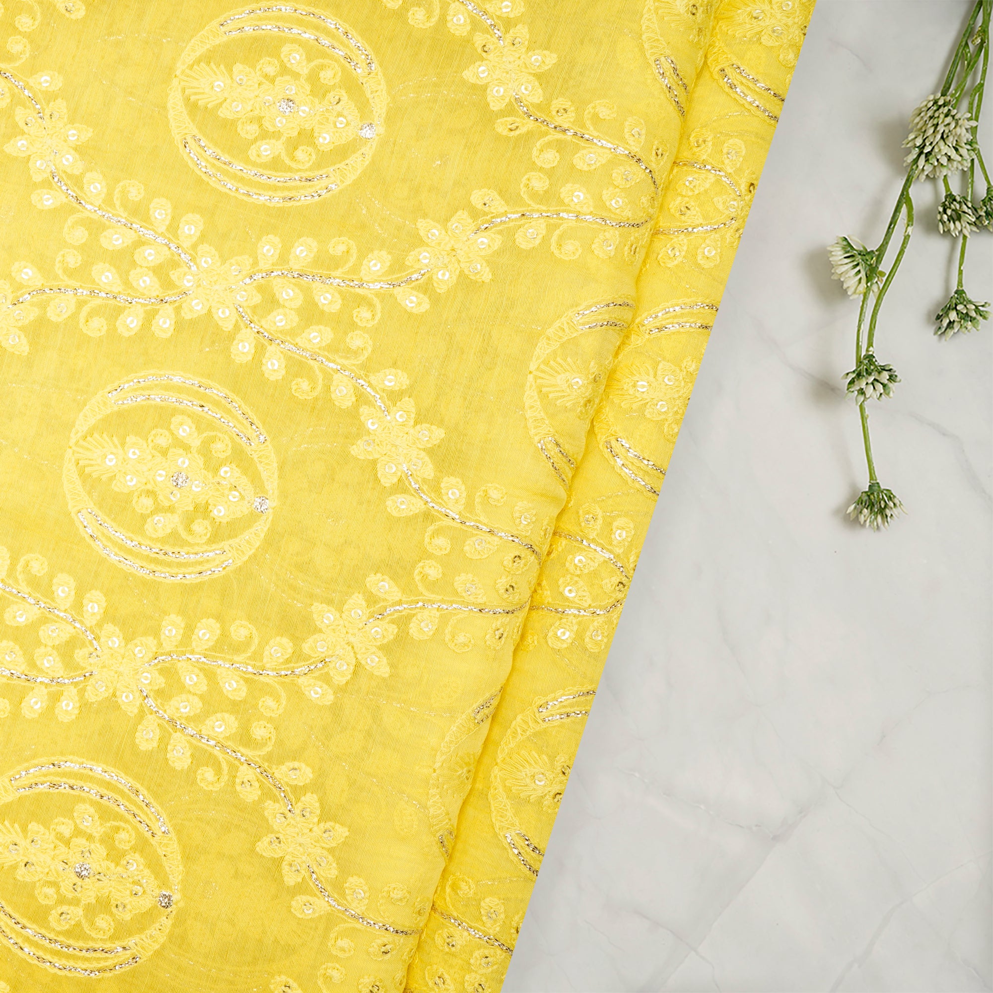 Buttercup Floral Pattern Embroidered Chanderi Fabric