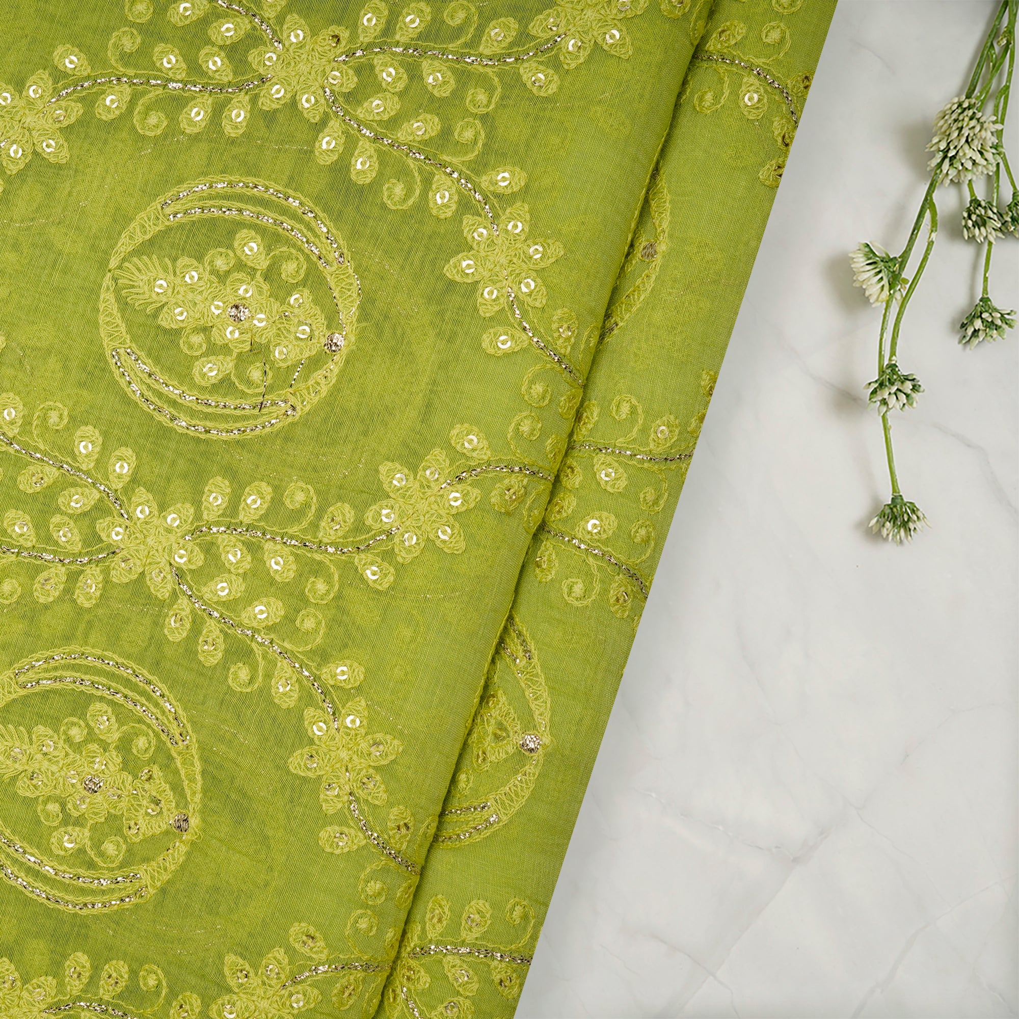 Lime Green Floral Pattern Embroidered Pure Chanderi Fabric