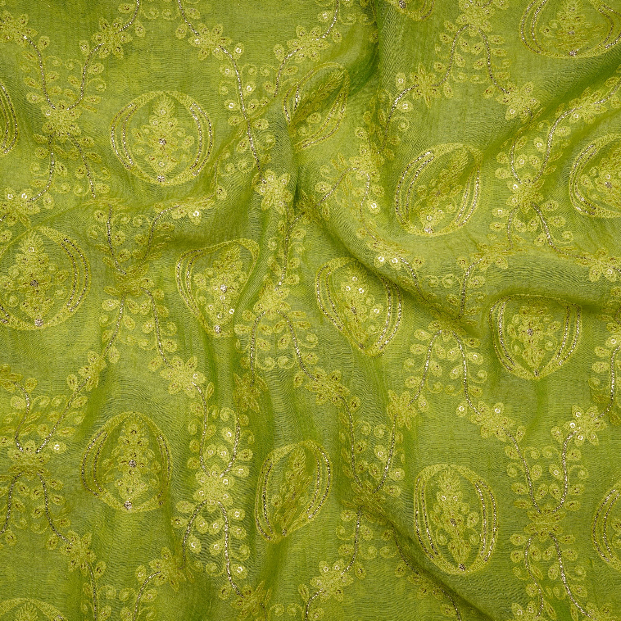 Lime Green Floral Pattern Embroidered Pure Chanderi Fabric