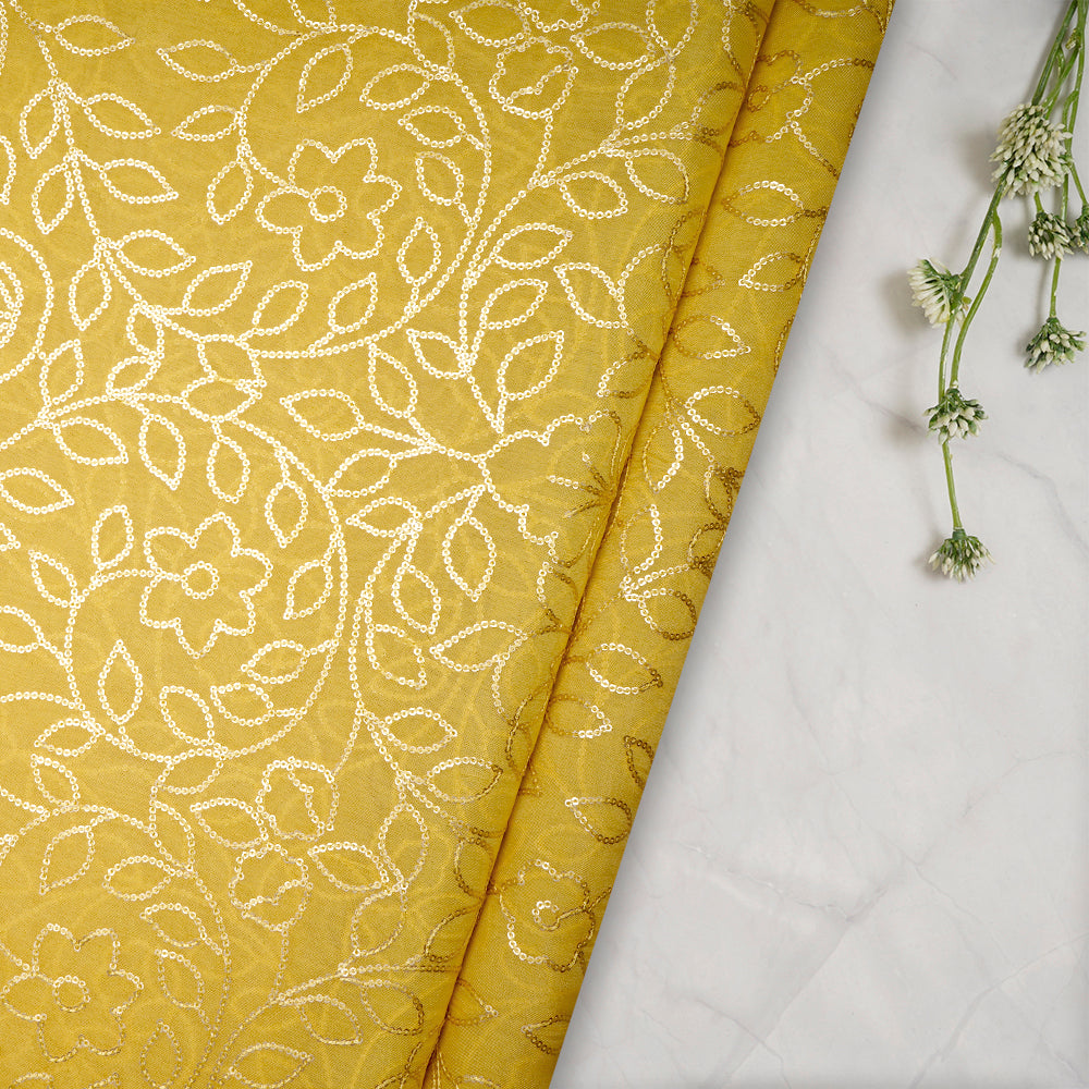 Yellow Floral Pattern Sequins Embroidered Viscose Organza Fabric