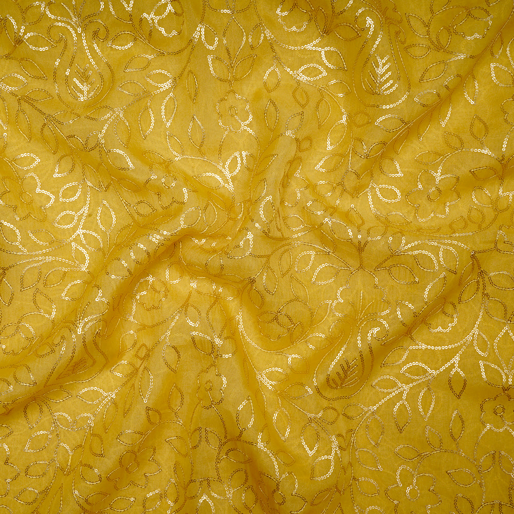Yellow Floral Pattern Sequins Embroidered Viscose Organza Fabric