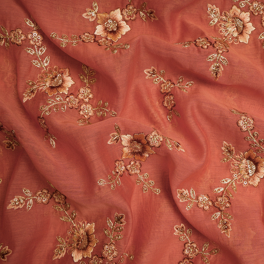 Rust Color Embroidered Pure Chanderi Fabric