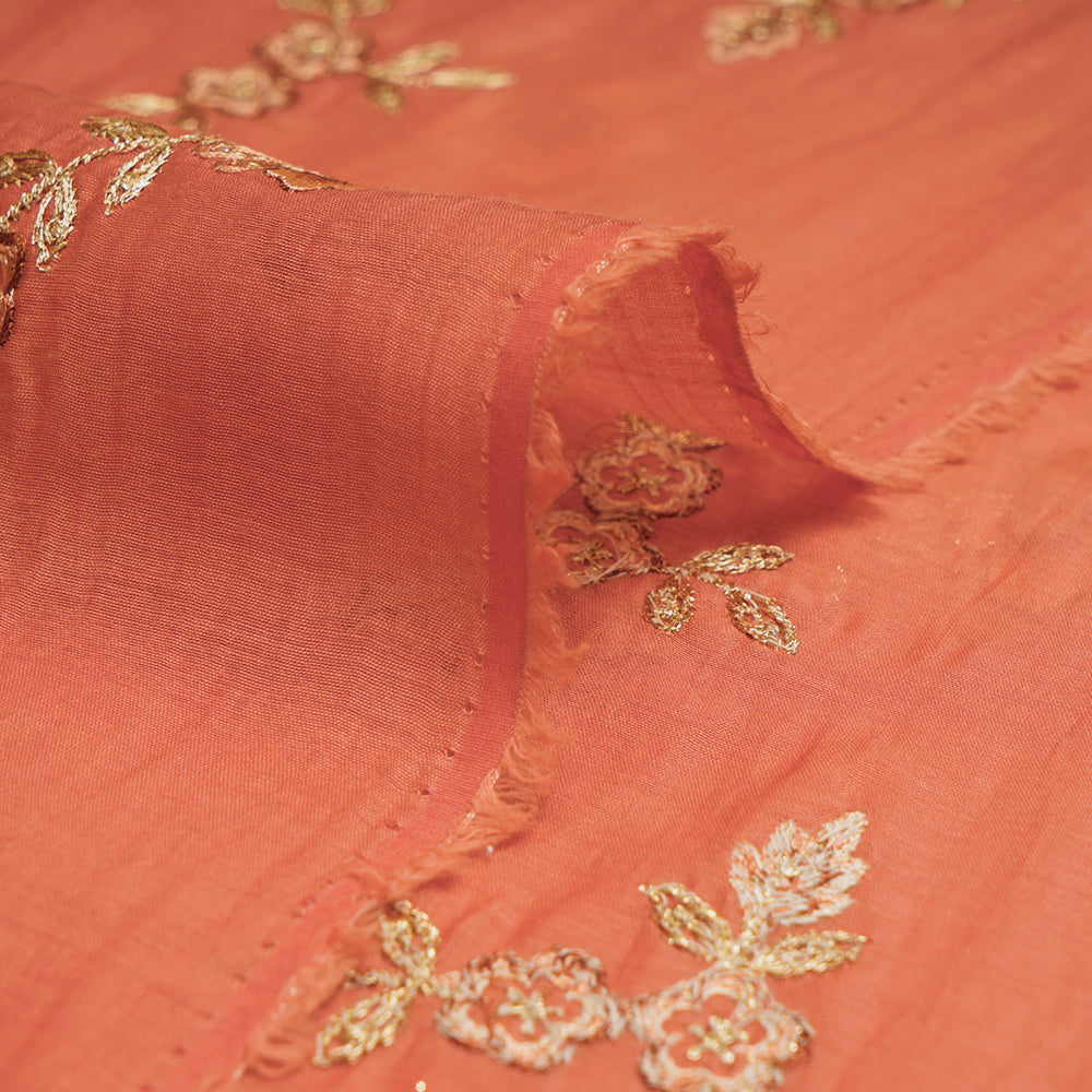 Rust Color Embroidered Pure Chanderi Fabric