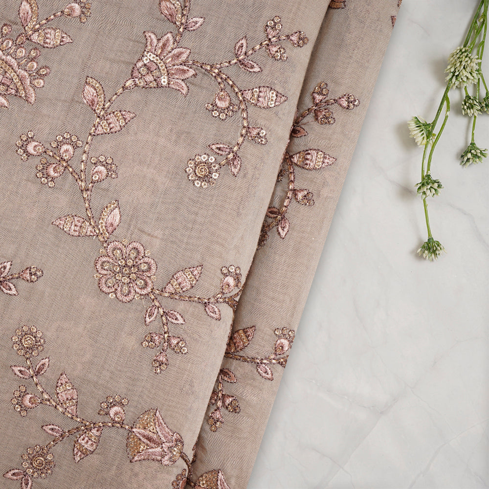 Olive Haze Color Embroidered Pure Chanderi Fabric