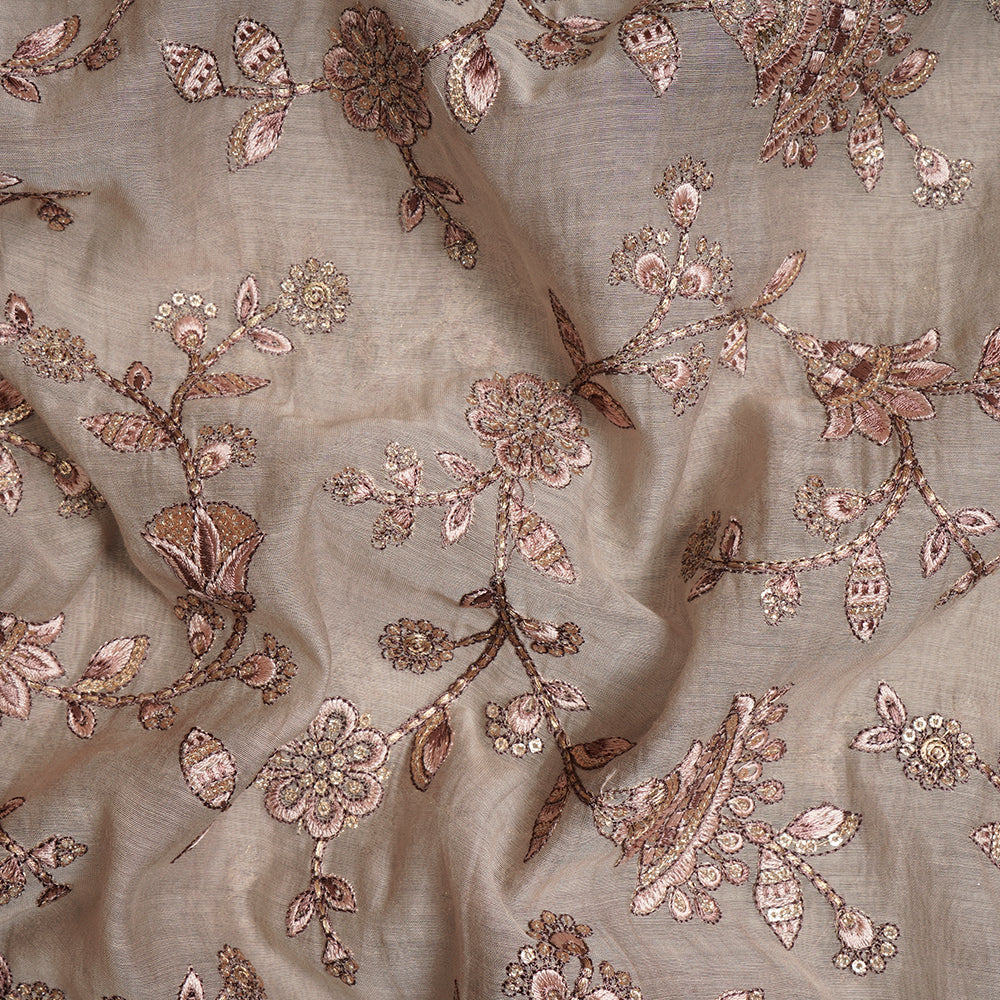 Olive Haze Color Embroidered Pure Chanderi Fabric
