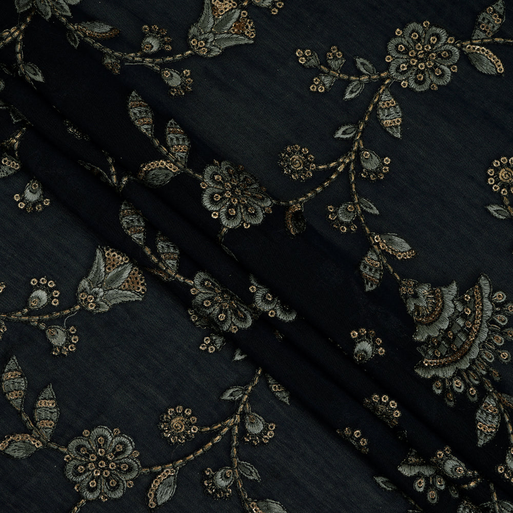 Navy Color Embroidered Pure Chanderi Fabric