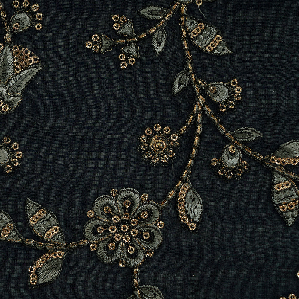 Navy Color Embroidered Pure Chanderi Fabric