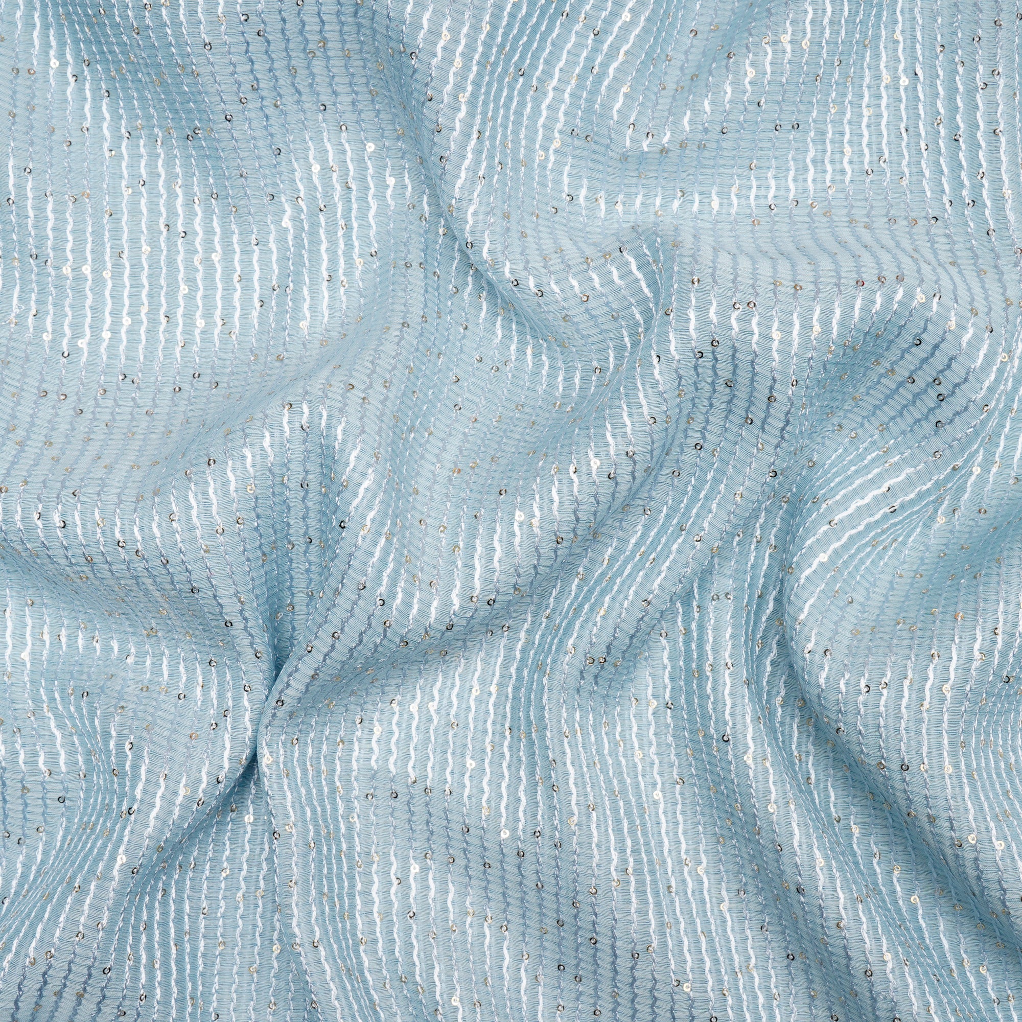 Ice Blue All Over Pattern Sequins Embroidered Pure Chanderi Fabric