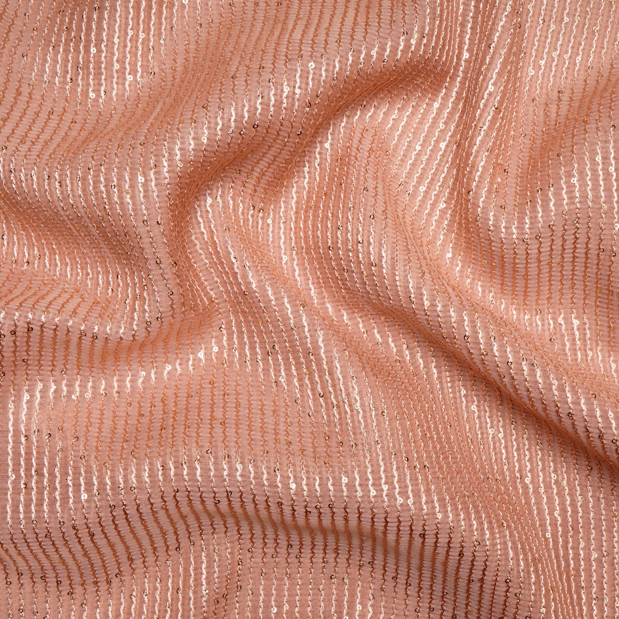 Peach All Over Pattern Sequins Embroidered Pure Chanderi Fabric