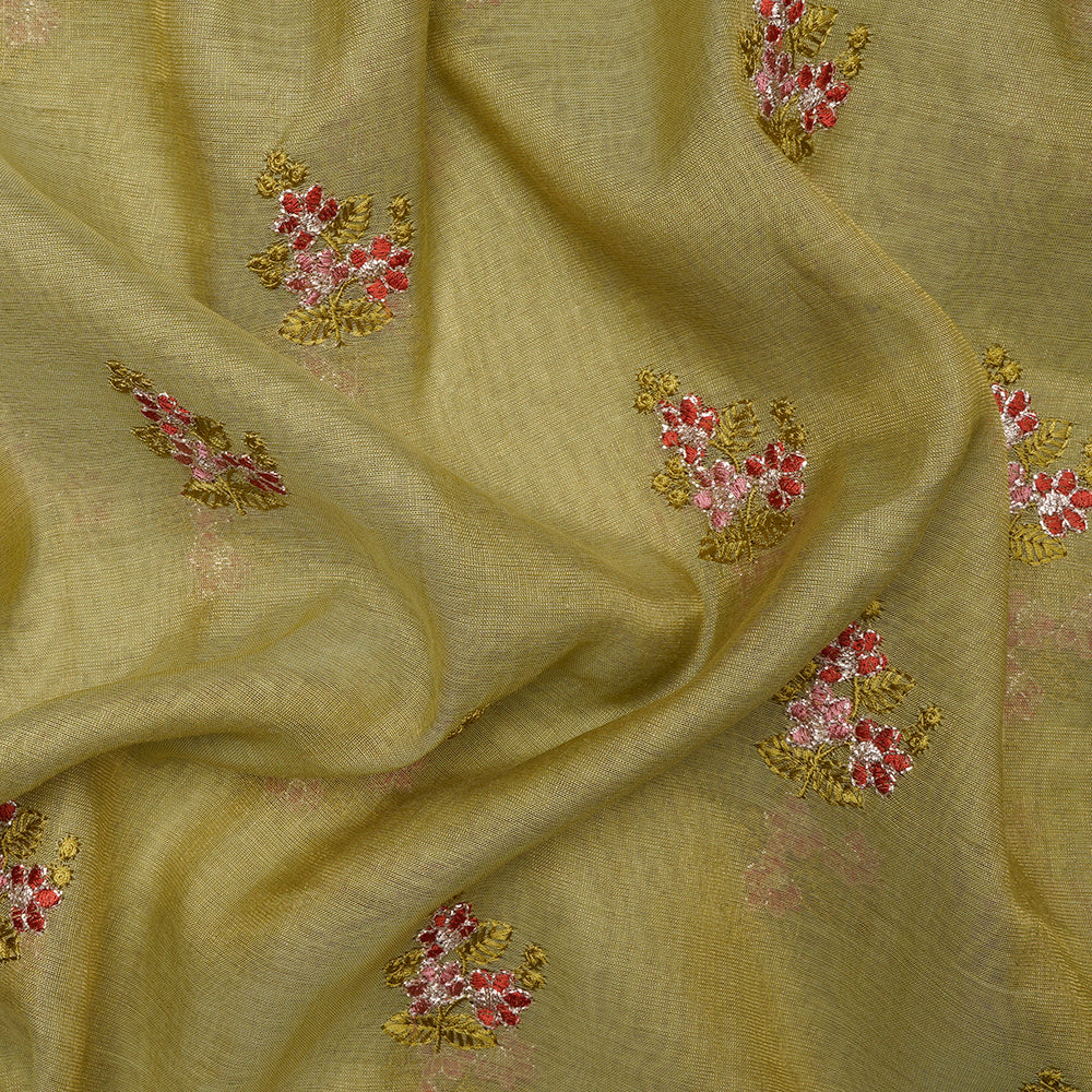 Green Color Embroidered Pure Tissue Chanderi Fabric