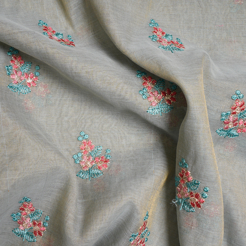 Ice Blue Color Embroidered Tussar Chanderi Fabric
