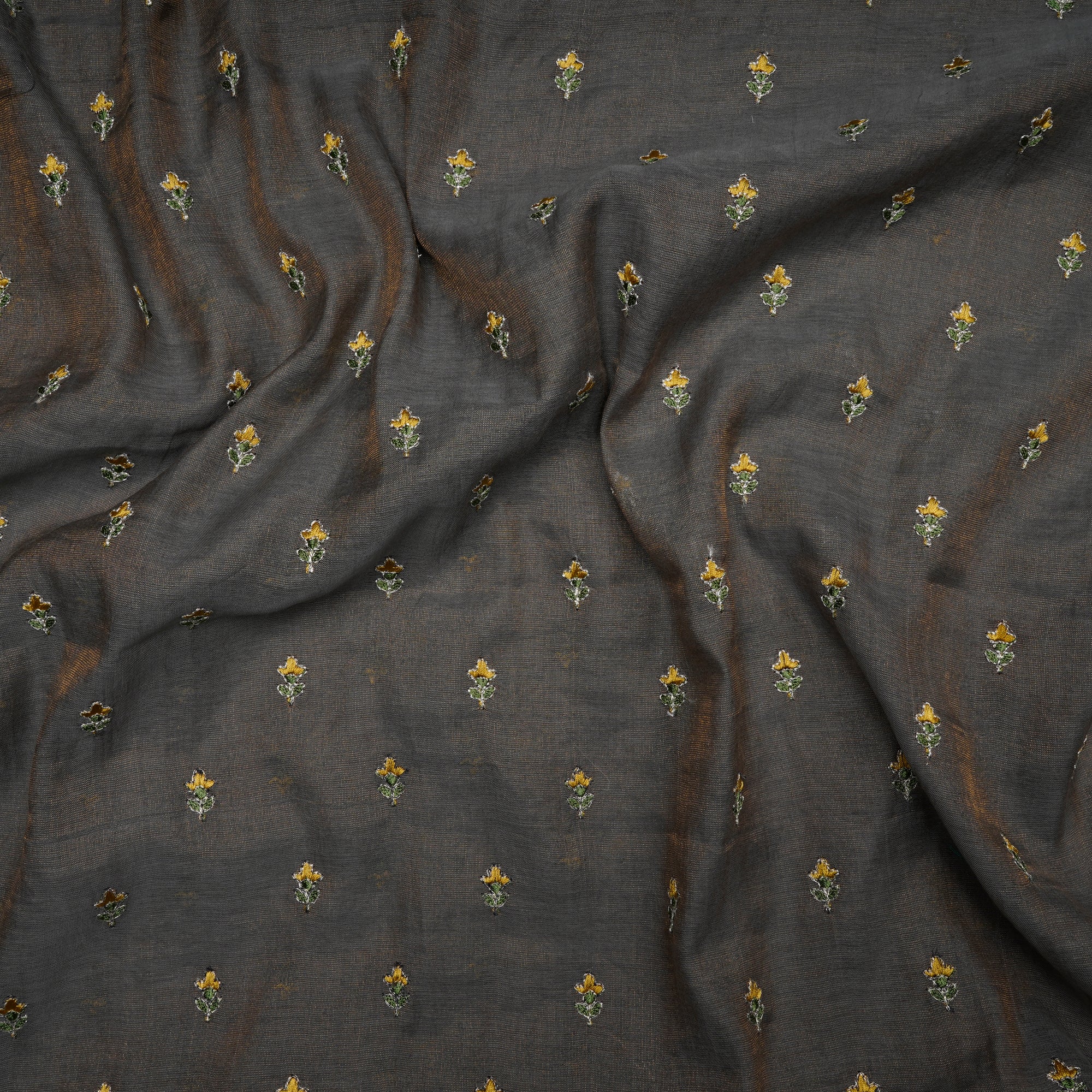 Grey-gold Thread Work Floral Booti Embroidered Chanderi Tissue Fabric