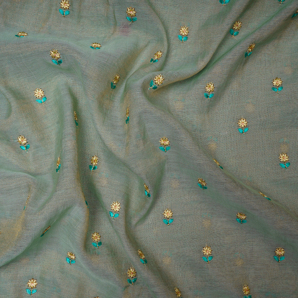 Green Color Embroidered Pure Tissue Chanderi Fabric