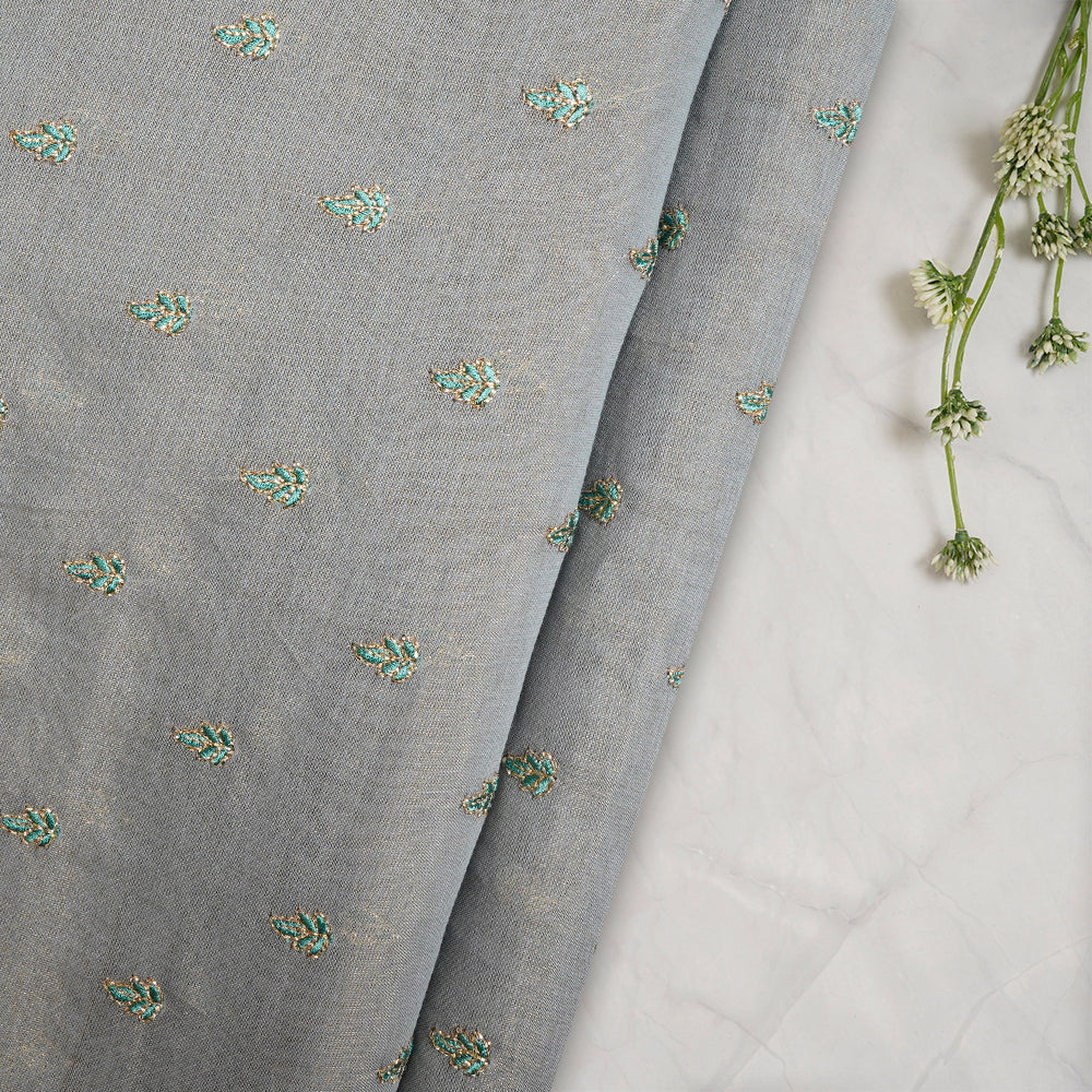 Grey Color Embroidered Pure Tissue Chanderi Fabric