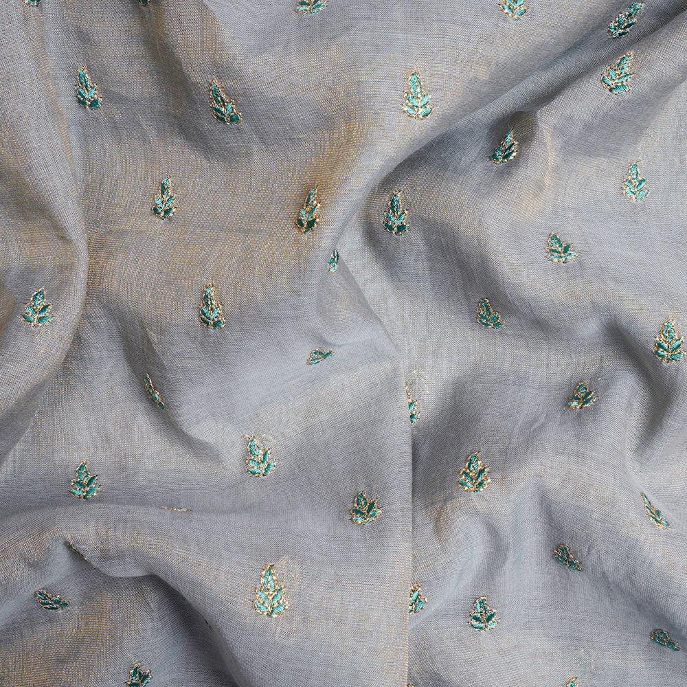 Grey Color Embroidered Pure Tissue Chanderi Fabric