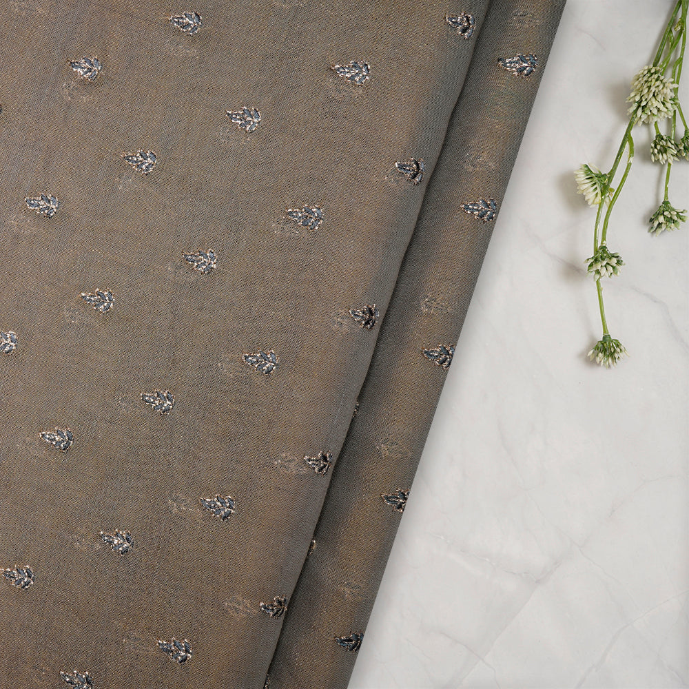 Glidden Grey Color Embroidered Tissue Fabric With Zari Border