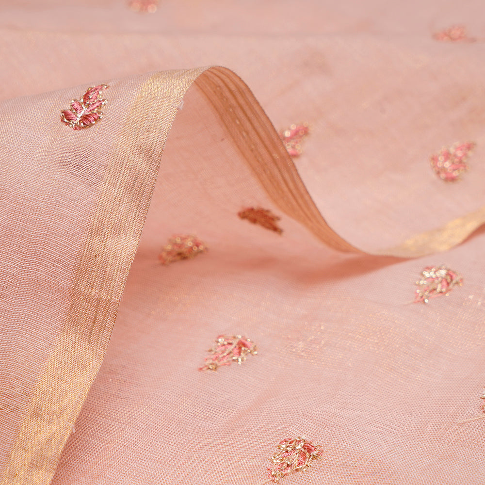 Light Apricot Color Embroidered Pure Tissue Chanderi Fabric