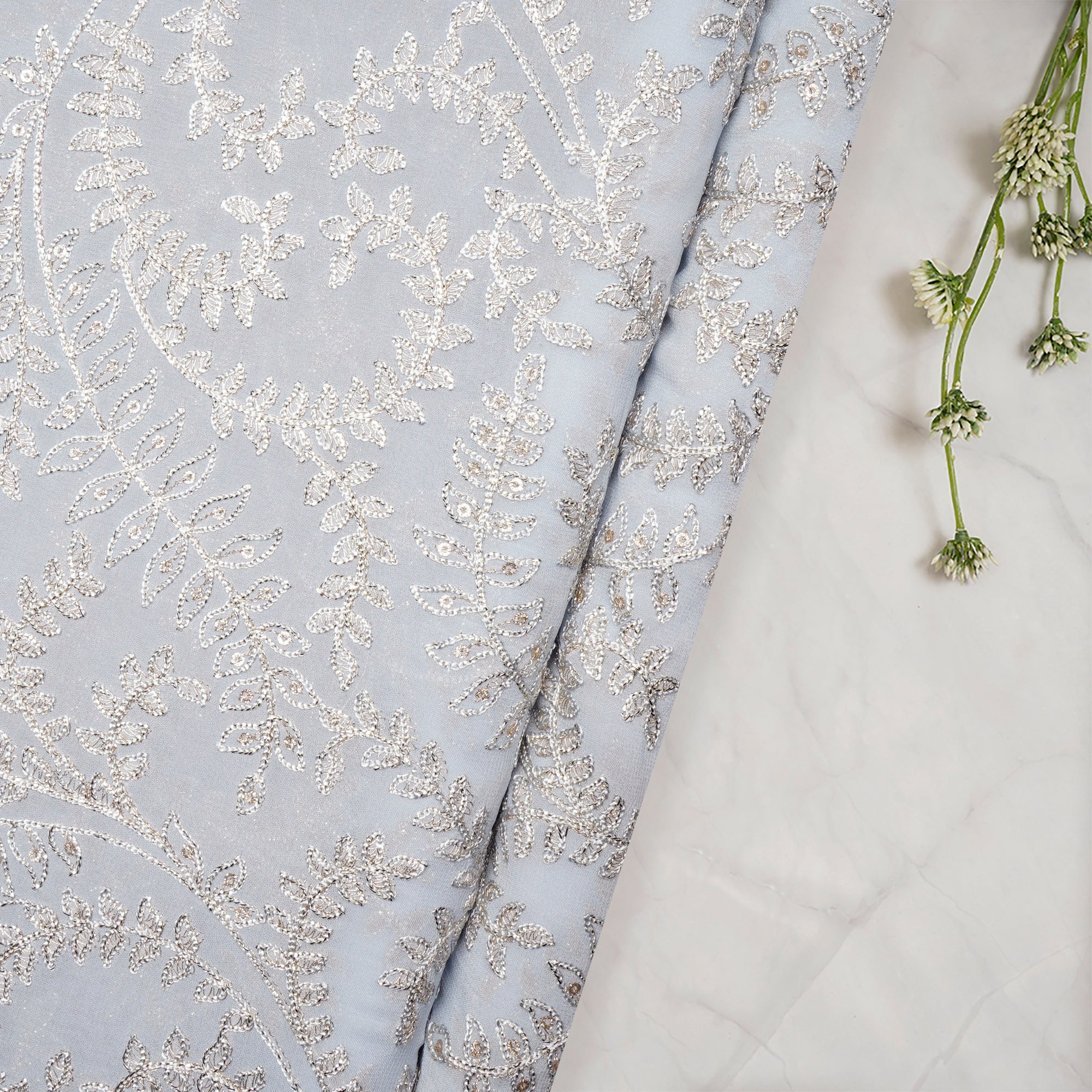 Powder Blue Flower Patteen Thread Embroidered Viscose Georgette Fabric