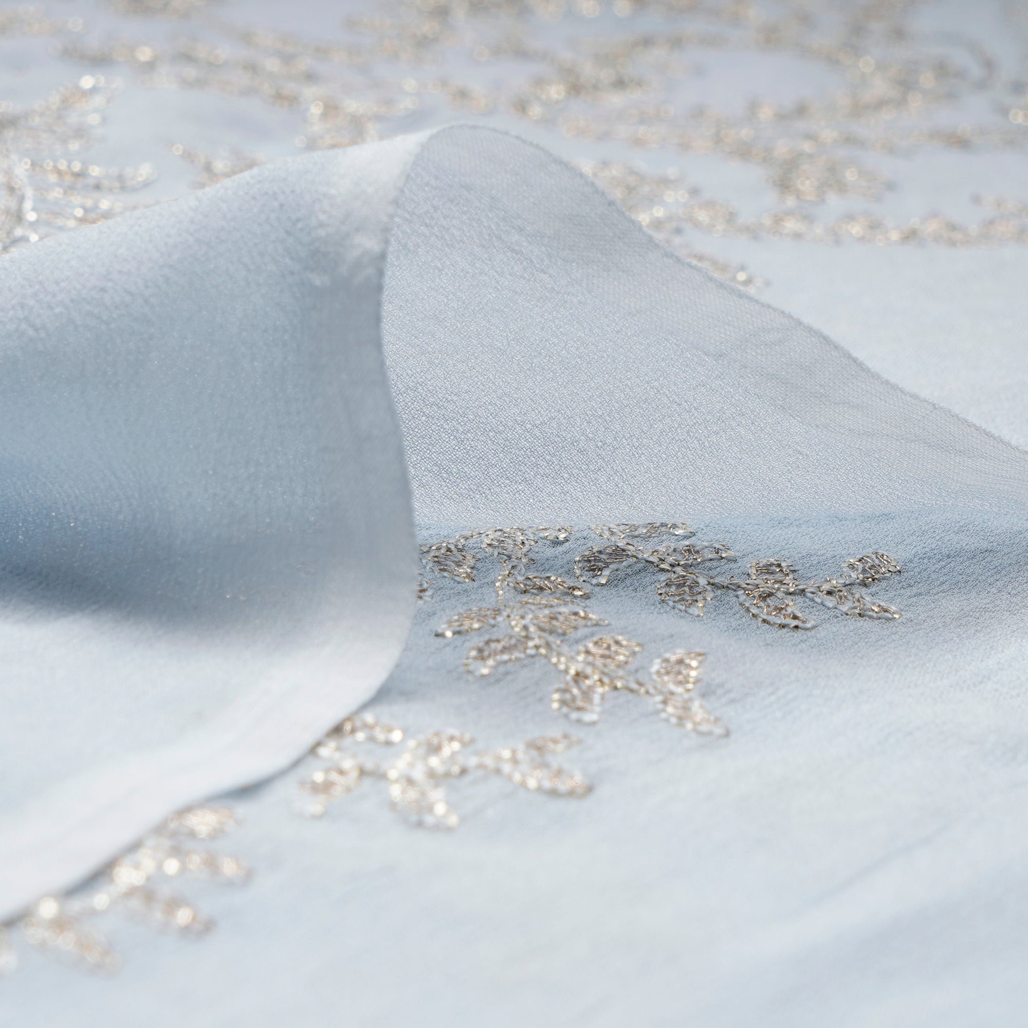 Powder Blue Flower Patteen Thread Embroidered Viscose Georgette Fabric
