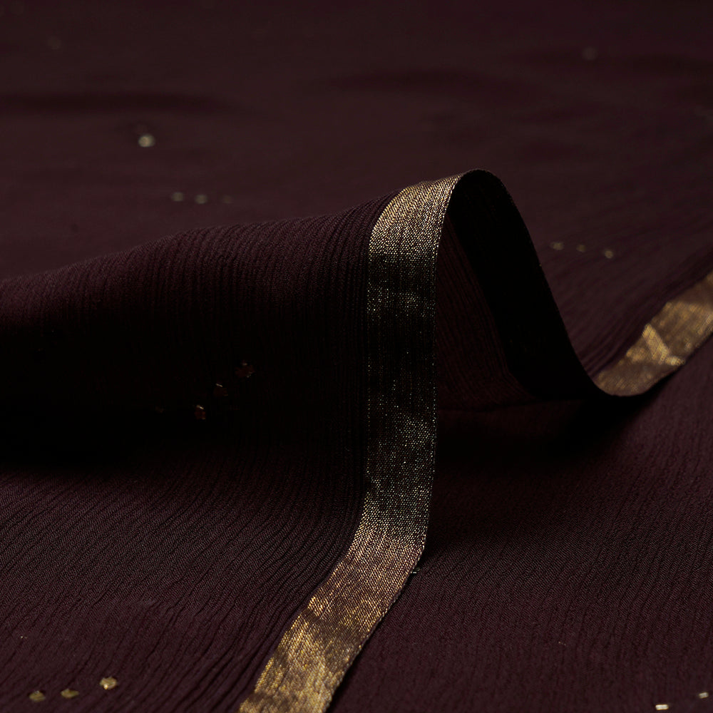 Brown Handcrafted Mukaish Work Pure Chiffon Silk Fabric