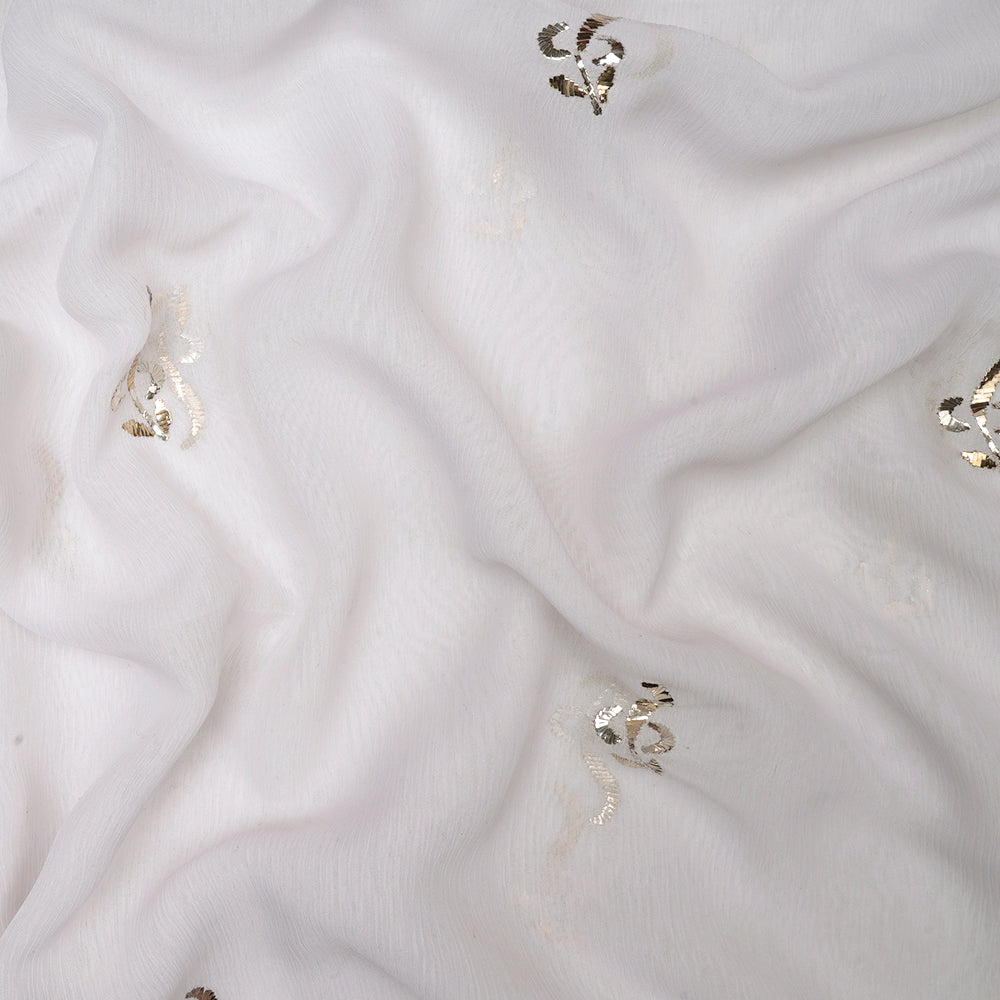White Handcrafted Mukaish Work Pure Chiffon Silk Fabric