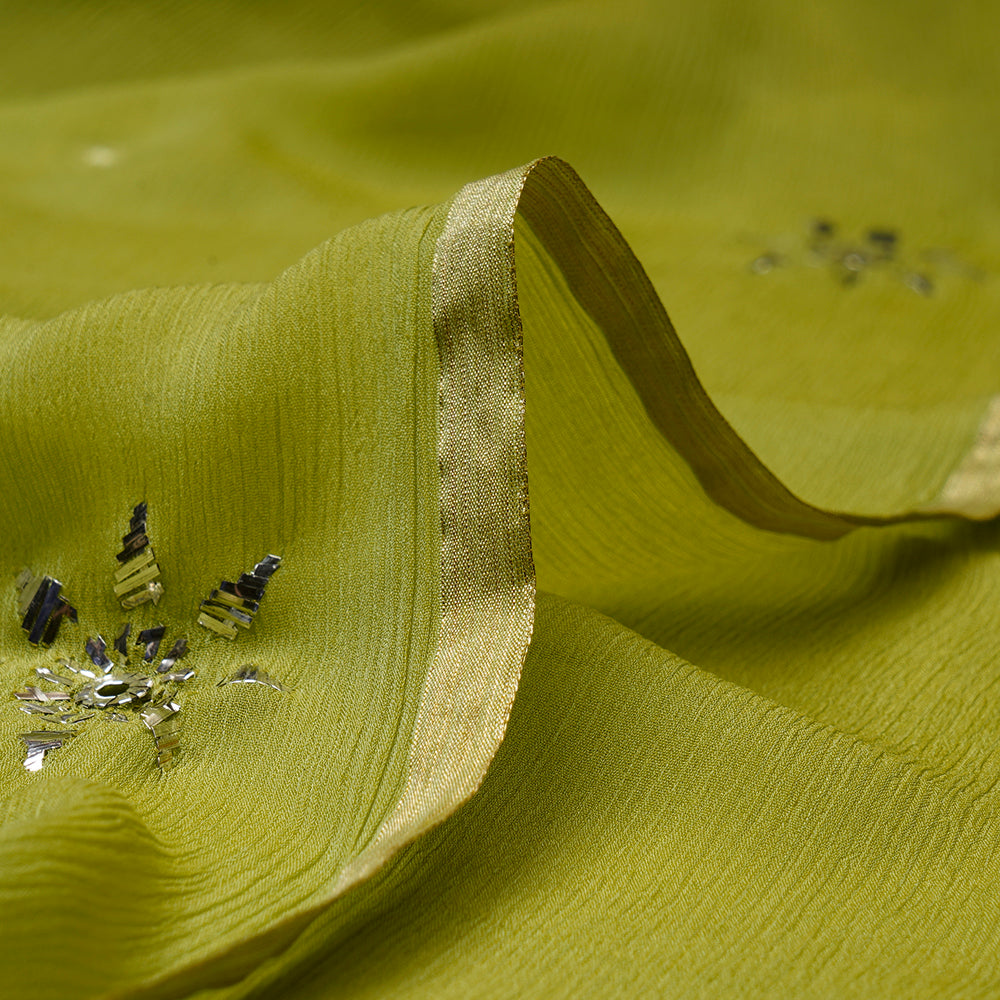 Light Green Color Handcrafted Mukaish Work Pure Chiffon Silk Fabric