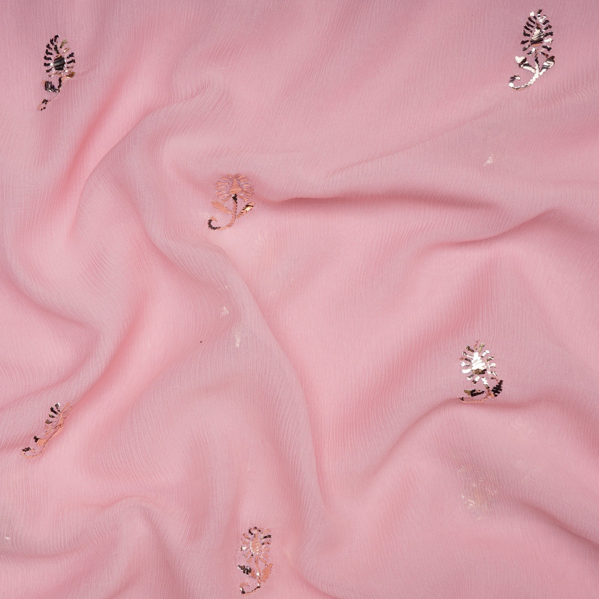 Baby Pink Handcrafted Mukaish Work Bemberg Chiffon Fabric