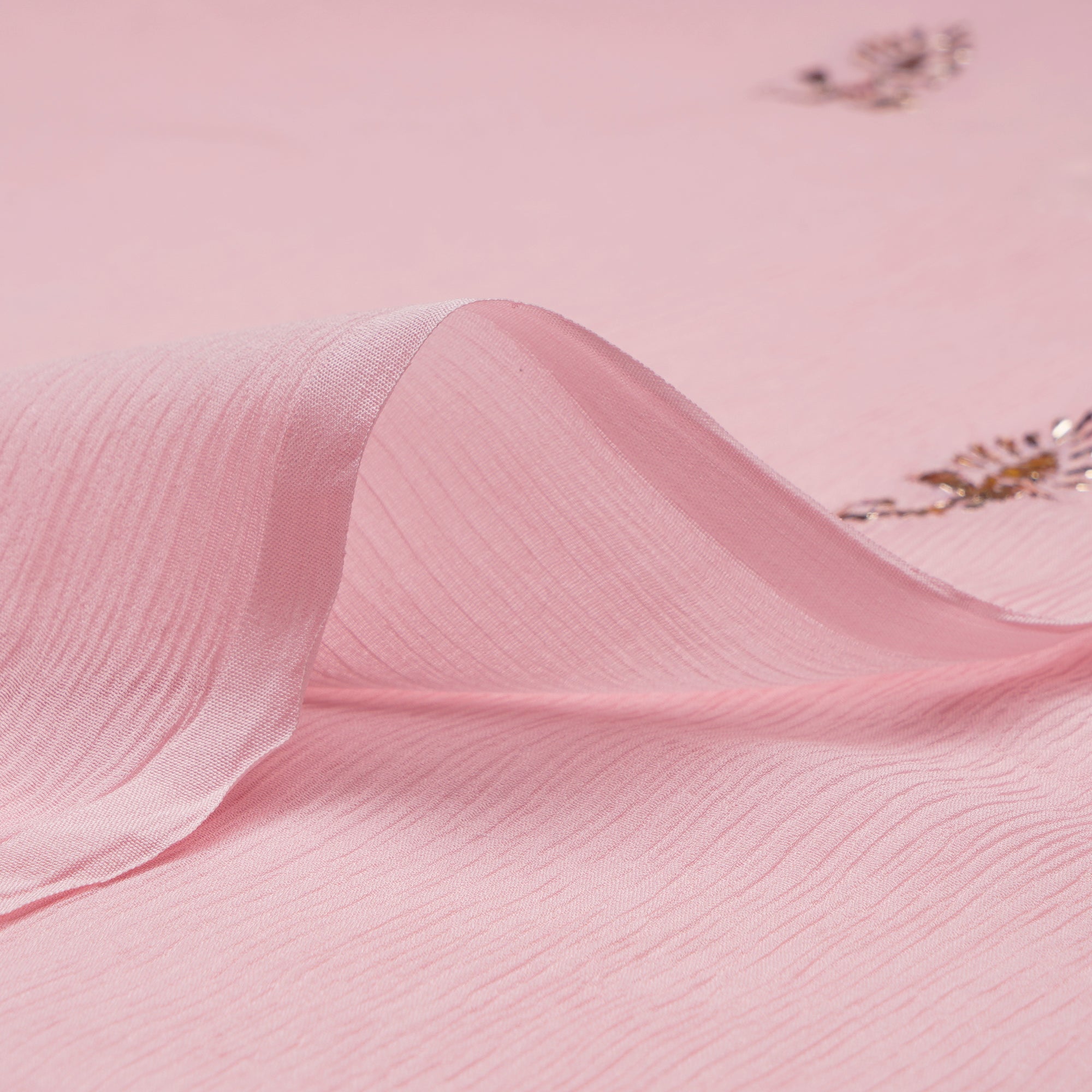 Baby Pink Handcrafted Mukaish Work Bemberg Chiffon Fabric