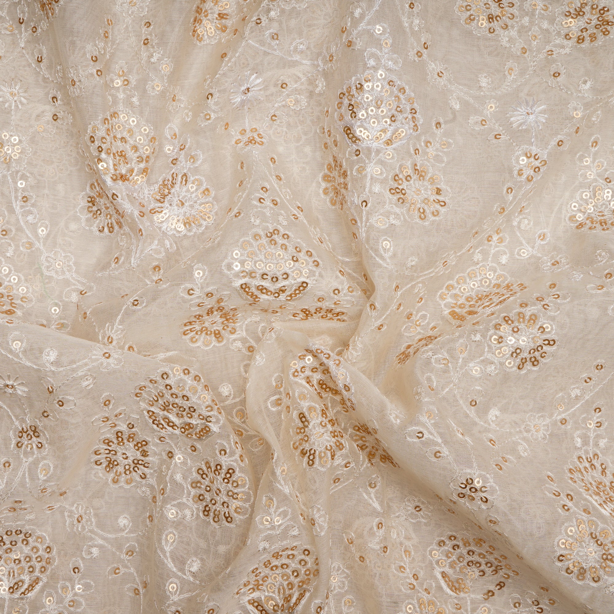 White Dyeable All Over Pattern Thread and Sequins Embroidered Chanderi Fabric