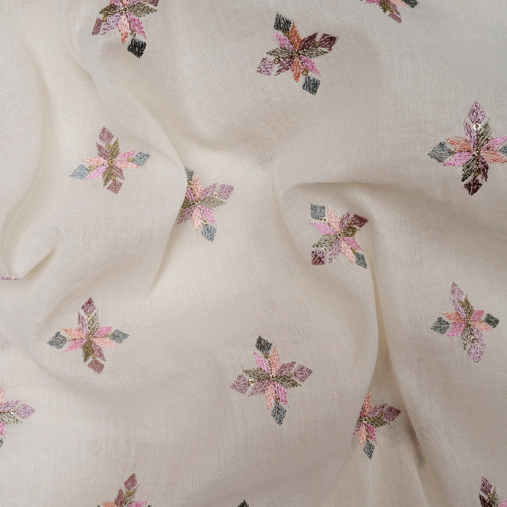 White Color Embroidered Cotton Fabric