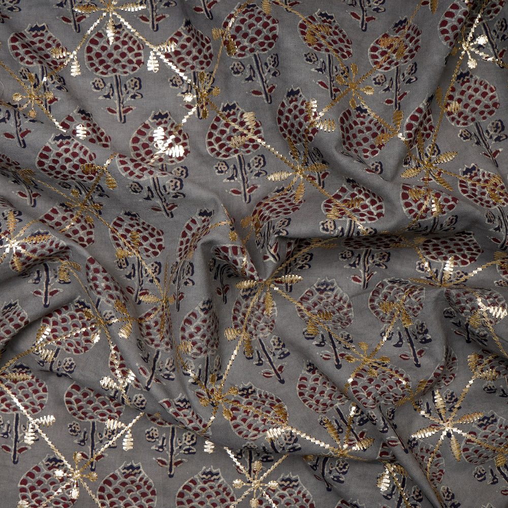 Dark Grey Color Mukaish Work Embroidered Printed Cotton Fabric
