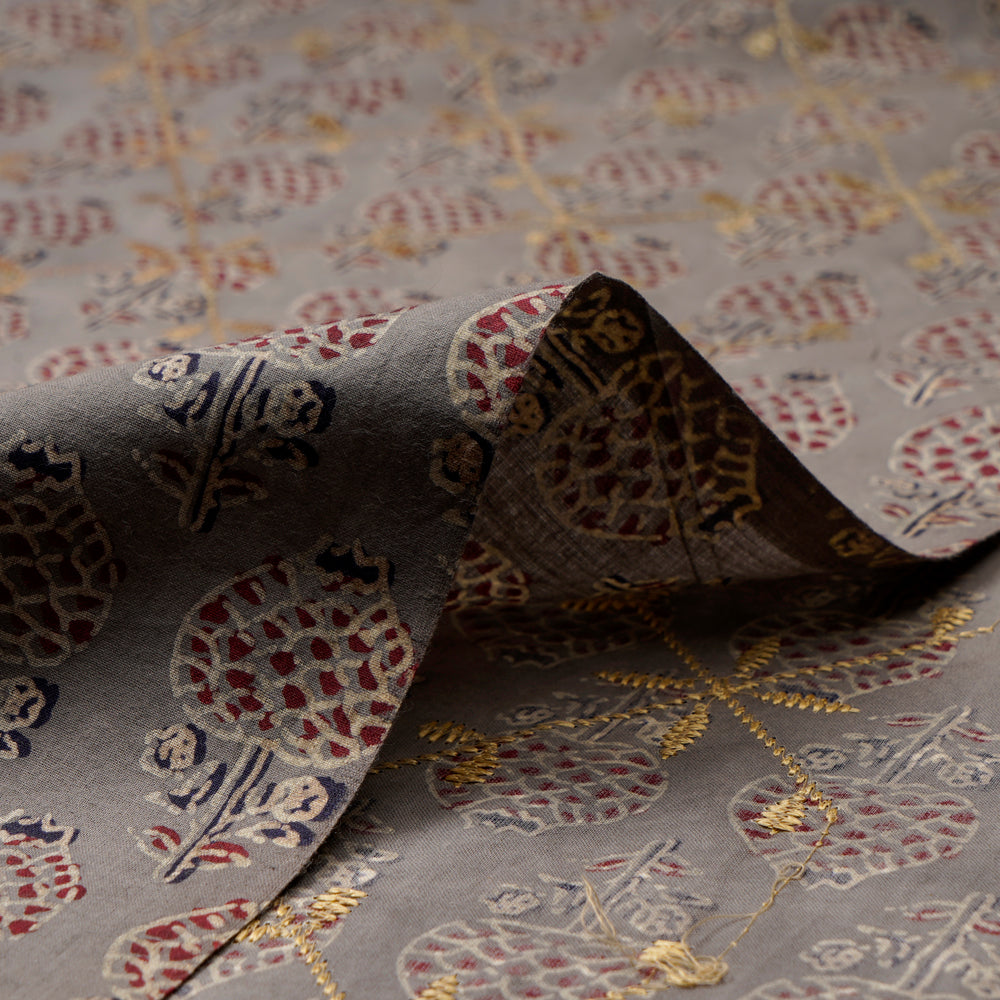 Grey Color Mukaish Work Embroidered Printed Cotton Fabric