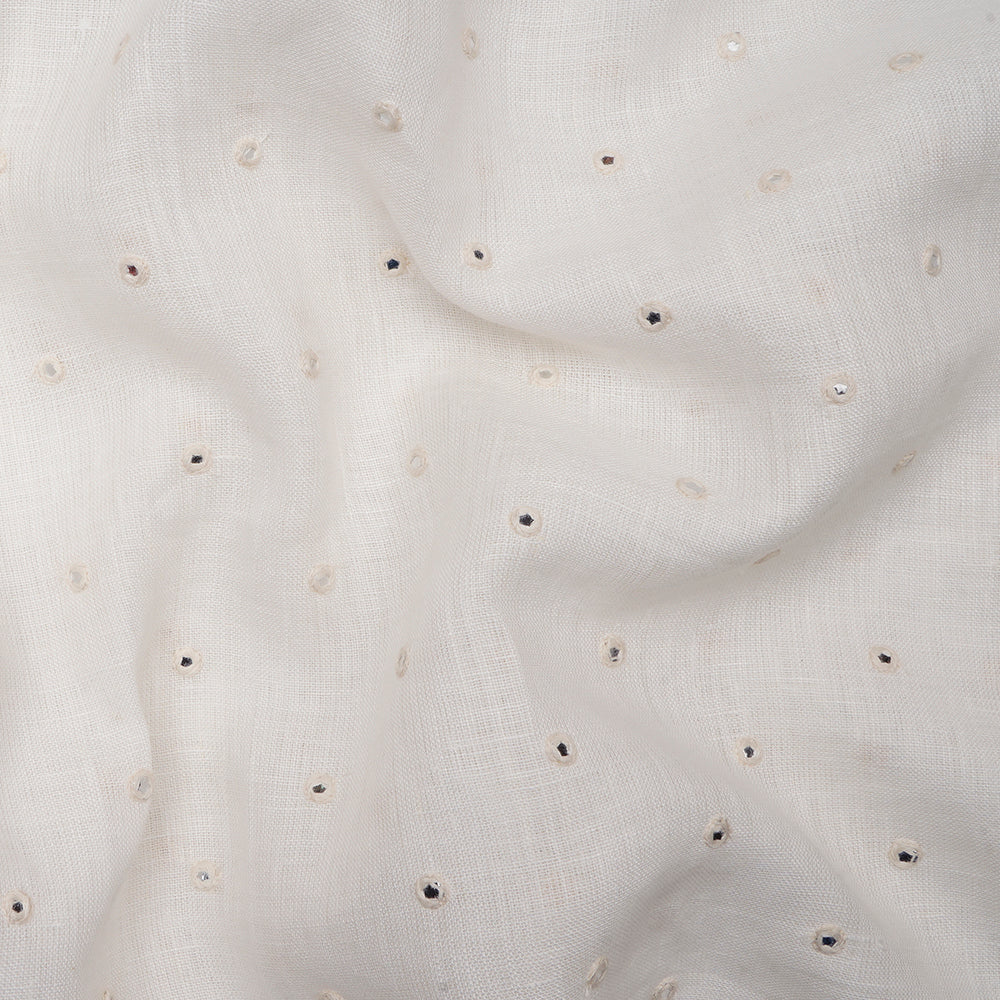 White Color Sequins Embroidered Plain Cotton Linen Fabric