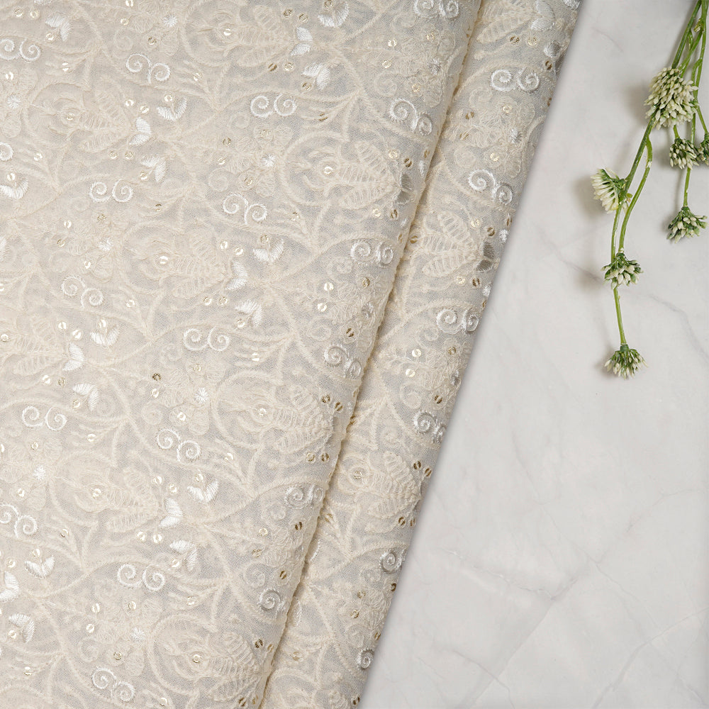 White Color Embroidered Plain Viscose Fabric With Sequins Work