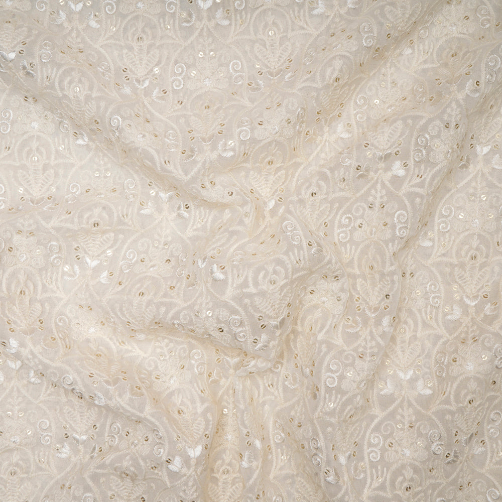 White Color Embroidered Plain Viscose Fabric With Sequins Work