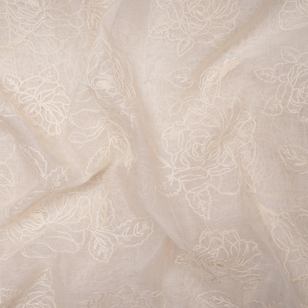 Off White Color Embroidered Pure Chanderi Fabric
